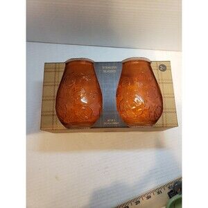 2 New In Box Pumpkin Stemless Wine Glass Candle Votives Fall Burnt Orange Glass